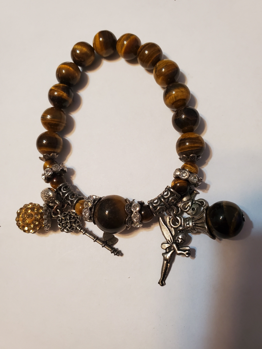 Womens Faux Tiger's Eye Stretchy Beaded Charm Bracelet‎ Brown & Gold